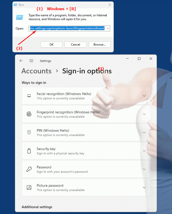 Windows Settings ms-settings:signinoptions-launchfingerprintenrollment Quick start to fingerprint login in Windows