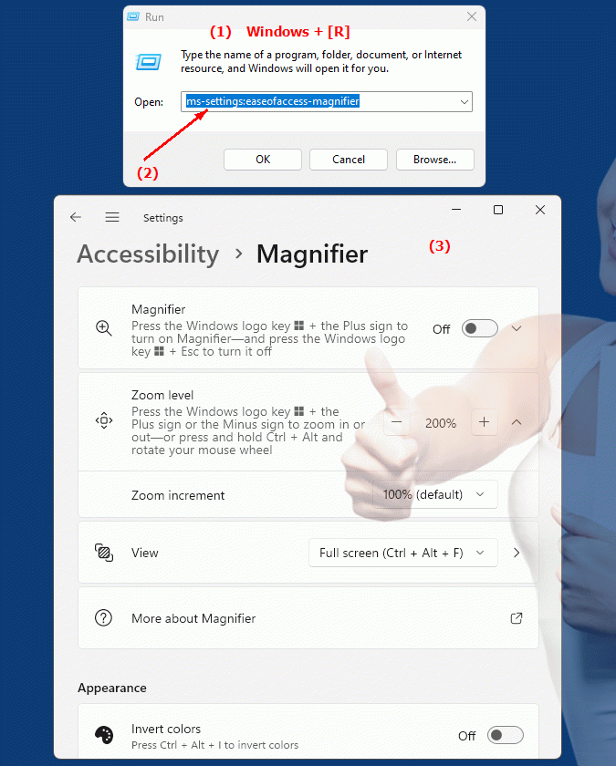 Windows Settings ms-settings:easeofaccess-magnifier User-friendly display settings for magnification on Windows