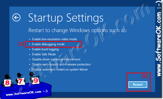 Activate debugging mode on Windows 10 at Startup Settings!