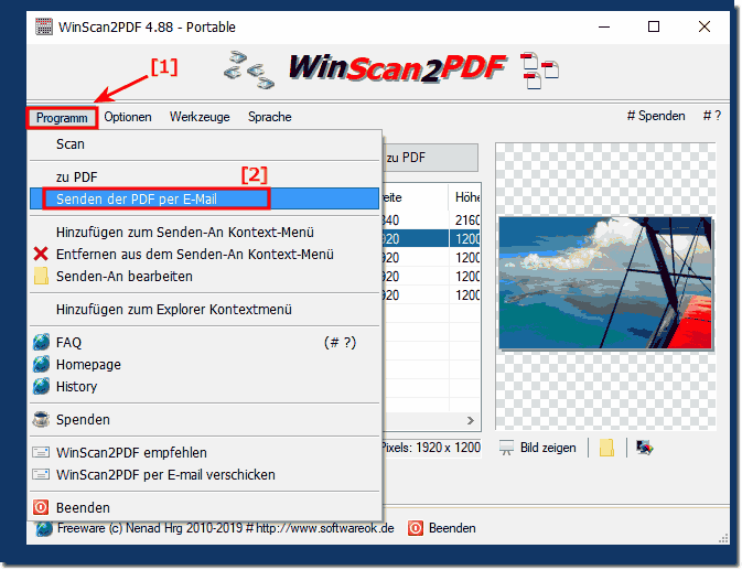 Send PDF directly via e-mail via the program menu, very easy!