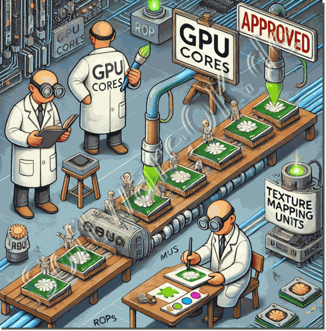 What tasks do the cores, TMUs and ROPs in the GPU do?