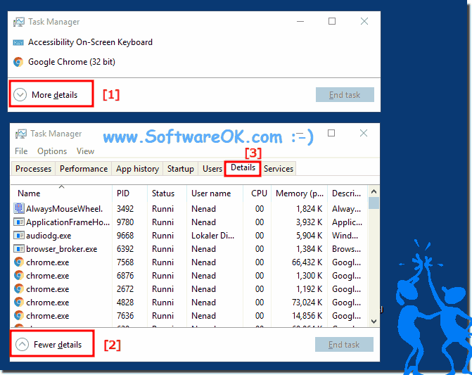 More details and fewer details in Windows Task Manager!