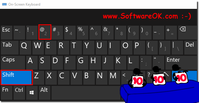Use Shift and 2 to find find the AT '@' on screen keyboard!