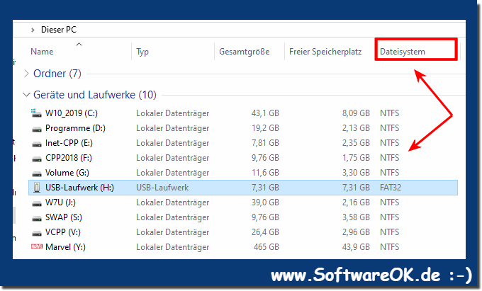 The file system column under Windows 10 to recognize the formatting!