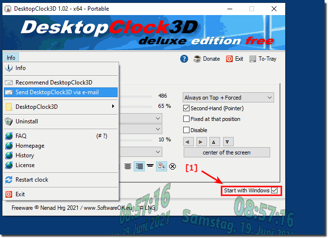 Start the 3D desktop clock automatically at MS Windows start!