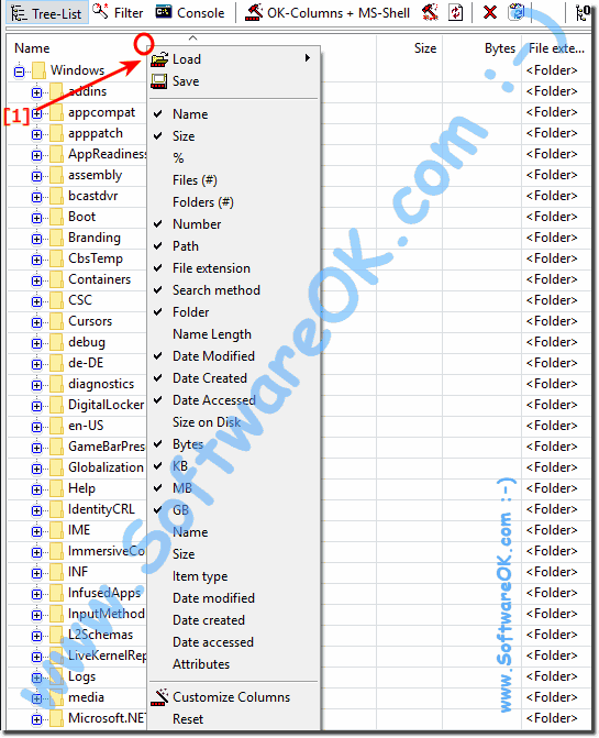 Select the columns for the directory print out on all MS-Windows-OS!