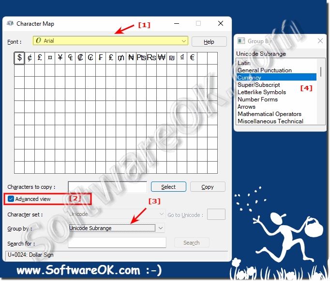 Character table and grouping according to Unicode sub-areas!