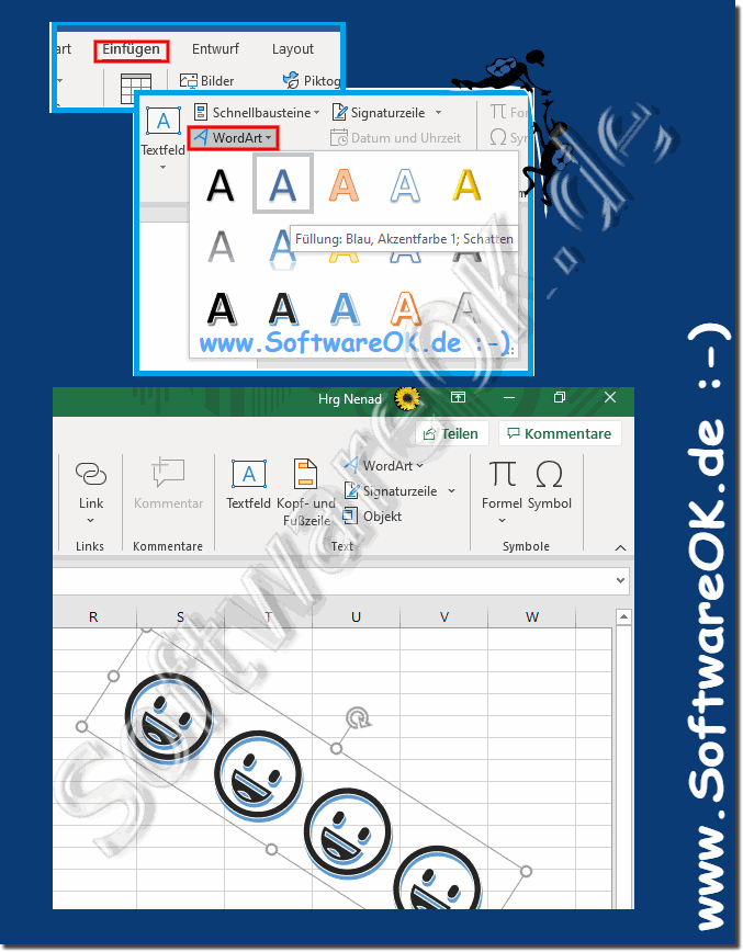 Insert large rotated smileys in MS Office Excel or Word!