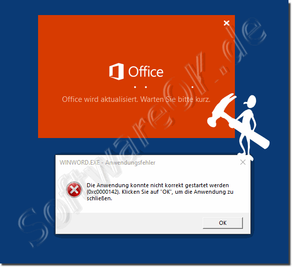 Office is being updated, please wait a moment.  Crash and error message!