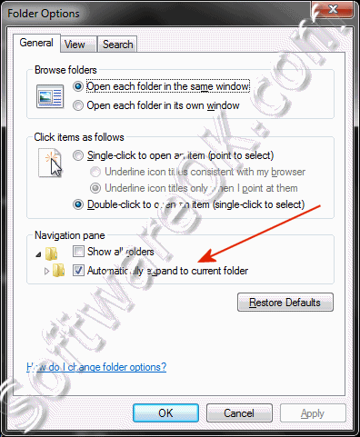 Disable Automatically expand to current folder in Windows-7 Explorer