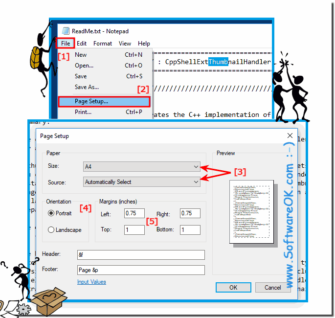 Notepad Page Setup, Margins Orientation Landscape!