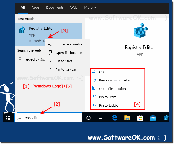 Start registry editor via Windows-10 search!