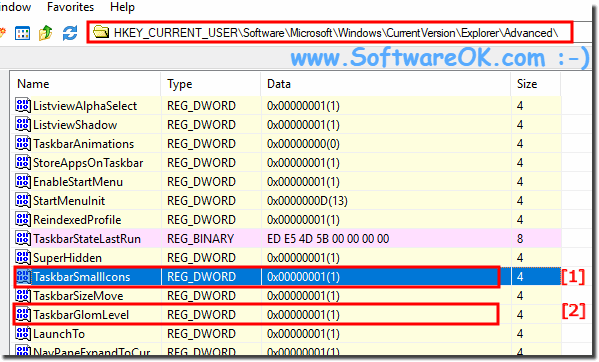 Taskbar Grouping and Small Icons about Registry!