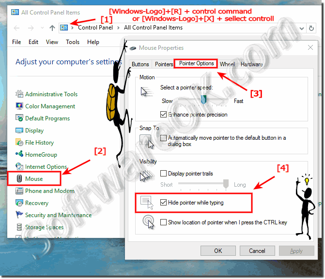 Windows-10 hide the mouse pointer while typing!