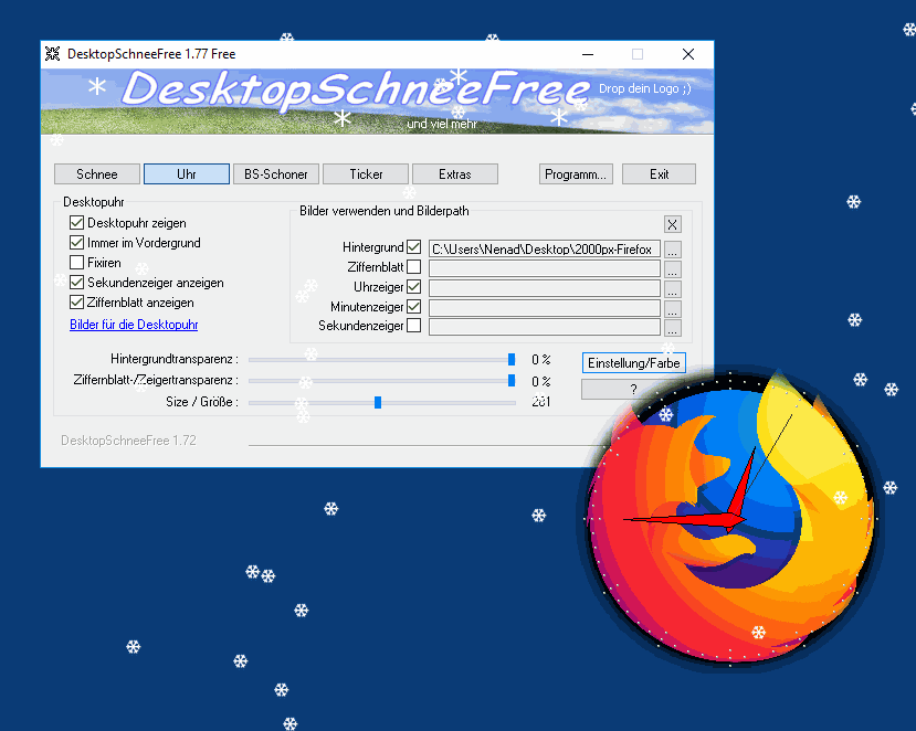 DesktopSchneeFree mit Desktop Uhr und Ticker  - DesktopSchneeFree