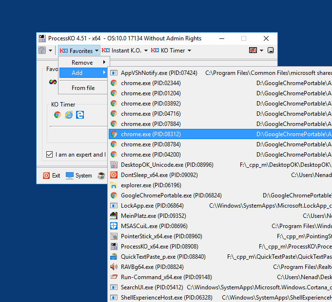 Favorites KOs for a quick termination of the windows processes!