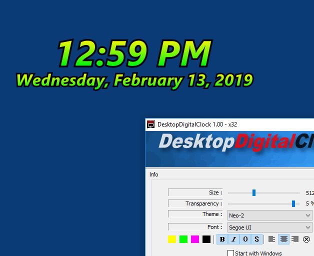 DesktopDigitalClock 1 also in Neon Colors on Windows 10 