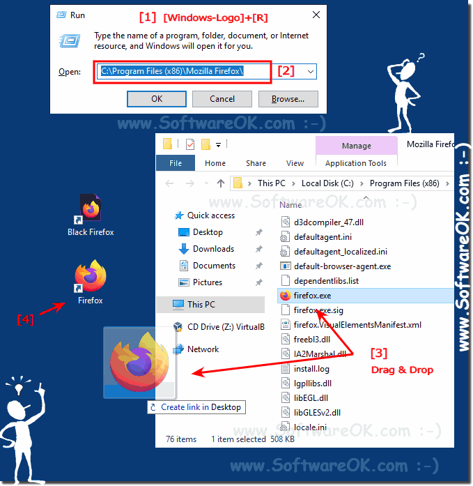 Firefox on the desktop or quick start bar under Windows 10!