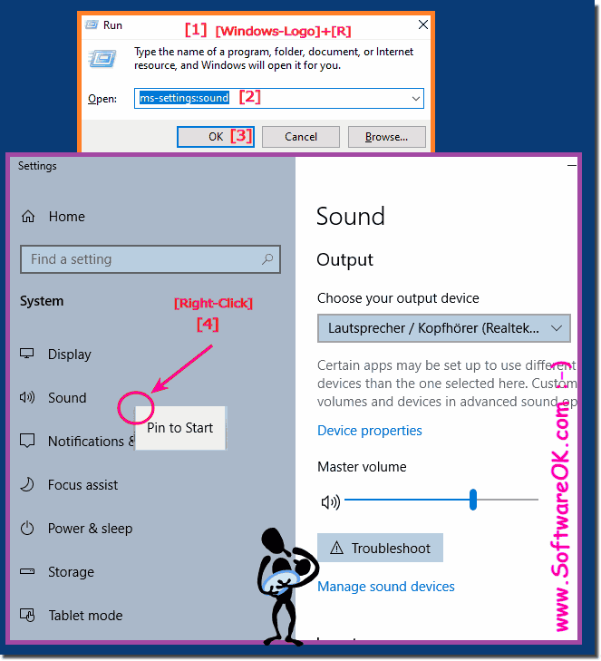 Use ms-settings:sound command to set the sound under Windows 10!