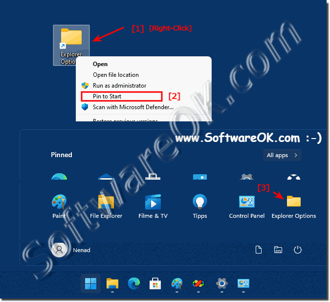 Windows 11 the folder options of the file explorer in Start!