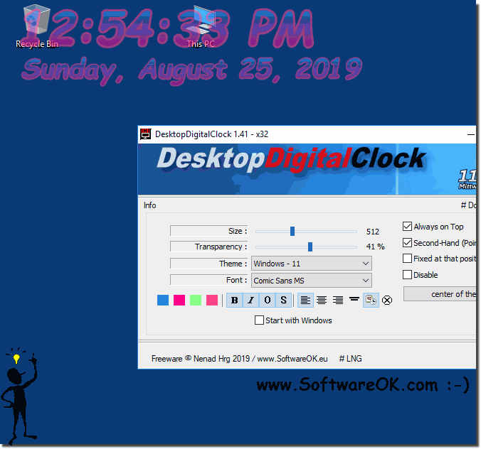 Digital Desktop Clock plus Optional transparency on Windows 10, 8.1, 7!