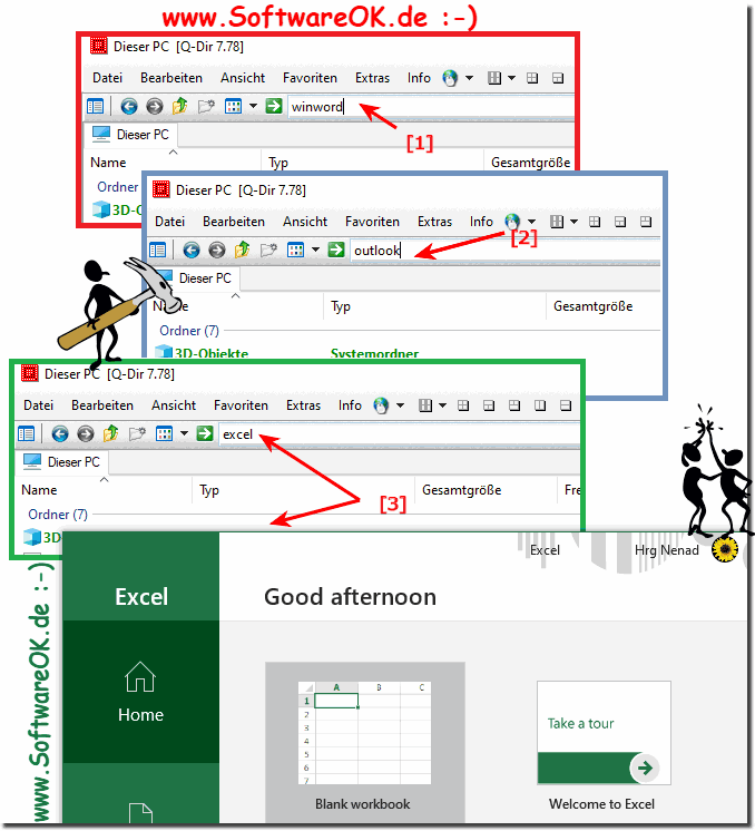 Start Outlook, Excel, Word from the Explorer address bar!