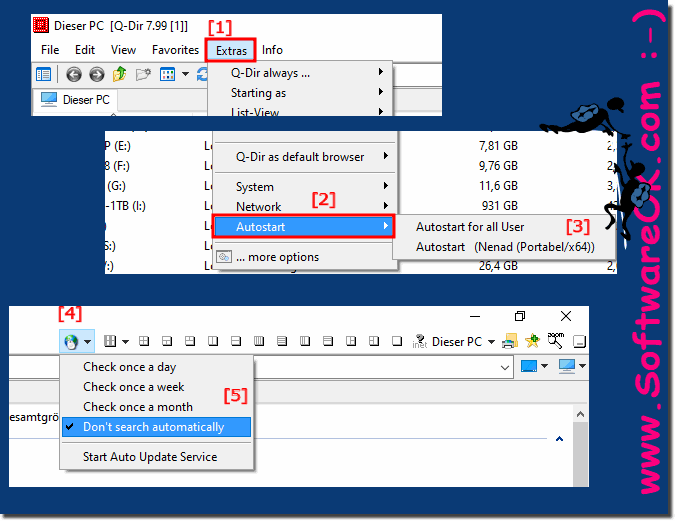 Q-Dir autostart under Windows 10, 8.1, ... and auto update!