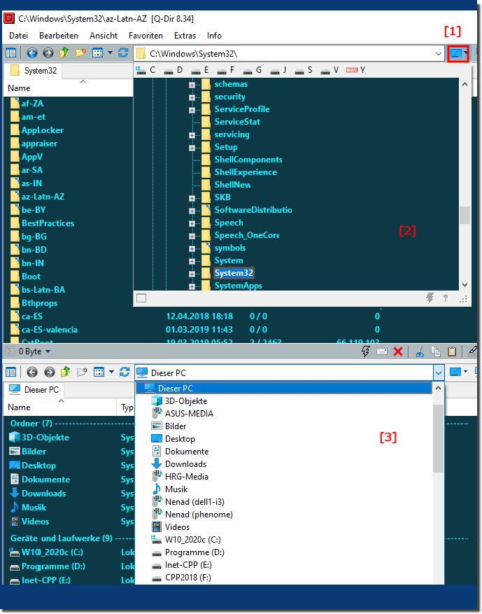 Use the directory tree in the Explorer address line under Windows!