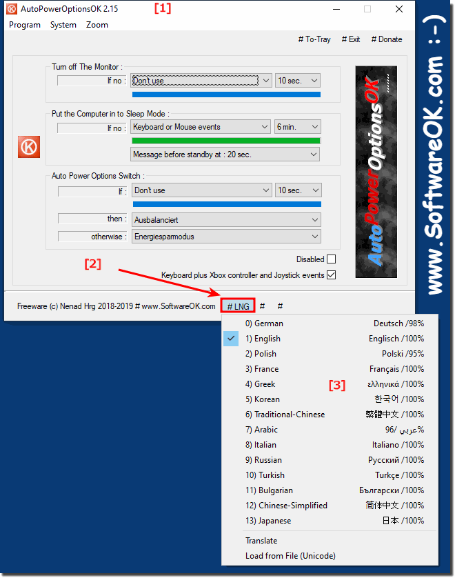 Switch the Language in Auto Power Options Tool for Windows 10, 8.1, ...!