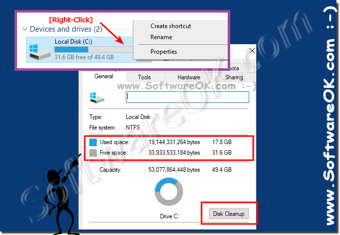 Windows 10, 8.1, ... disk capacity, free and used space!