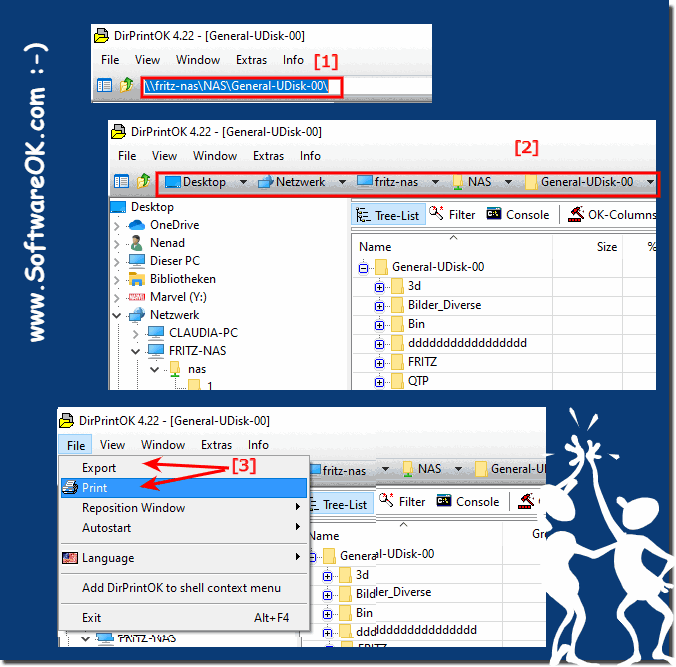 Print out lists on a network, e.g. Fritz NAS!