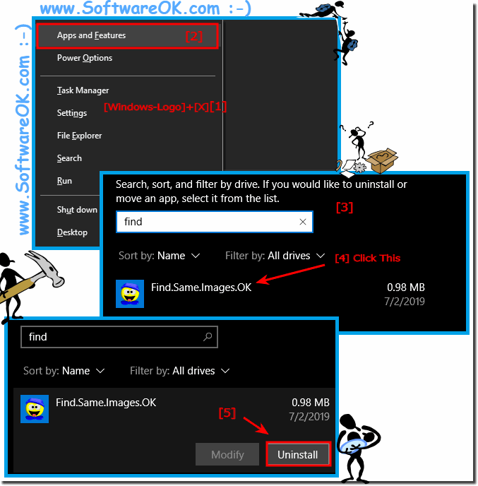 Uninstall Find.Same.Images.OK from all MS Windows 10 and other!