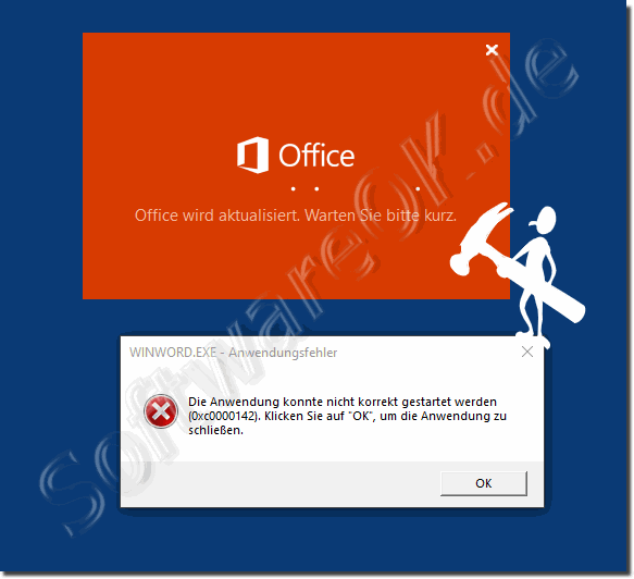 Office is being updated. Please wait a short time. Crash and error message