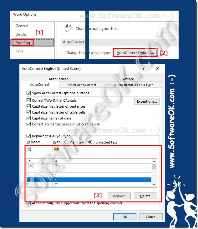 Turn off and deactivate smileys in MS Office Word, Excel!