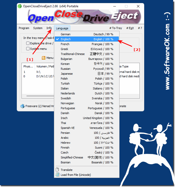 Safely removing drives if wrong language, switch to English!