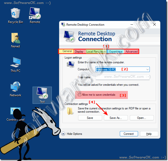 Remote Desktop Connection Save in a RDP file on Windows OS?