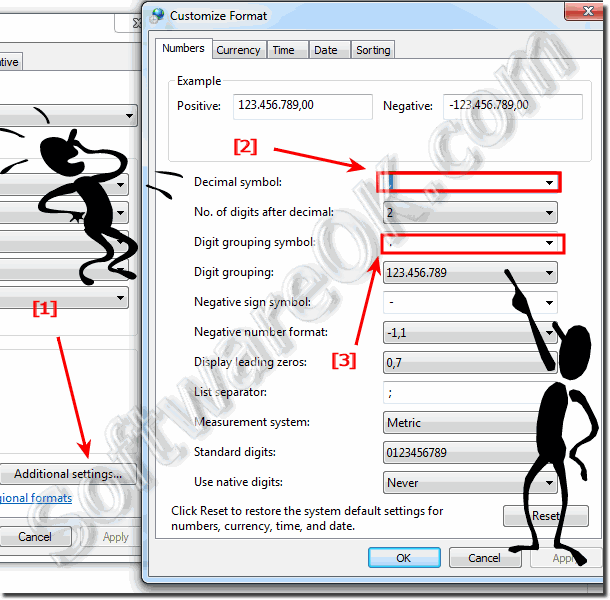 Change the Win-7 thousand separator (distinction) and decimal symbol!