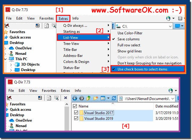 The File manager Quad-Explorer Q-Dir with check boxes to select items in Windows-7