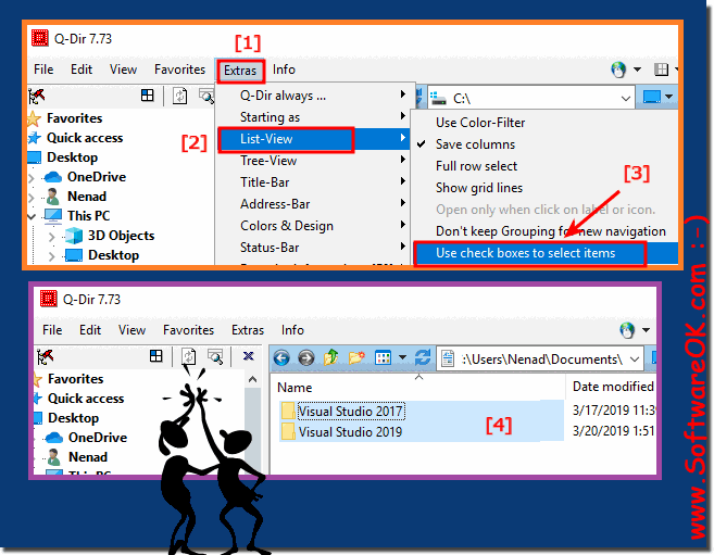 The File manager Quad-Explorer Q-Dir without check boxes to select items in Windows-7