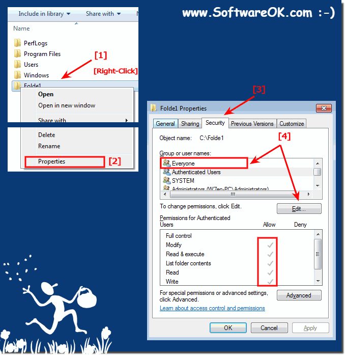 Windows-7 - Set the folder permissions for Everyone on!