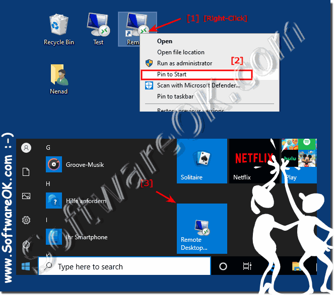 Run the Remote Desktop Connection from Windows 10 Start-Menu!