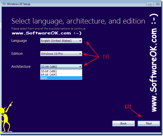Select Windows 10 language, edition and x64 or x32 architecture!