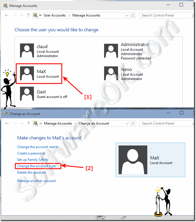 Select user in Manage Accounts windows 10!