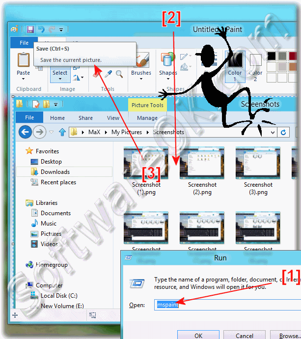 Use mspaint.exe in Windows 8 to save a screenshot to file!
