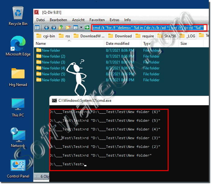 Example command line to delete empty folders on Windows 11, 10, ....!