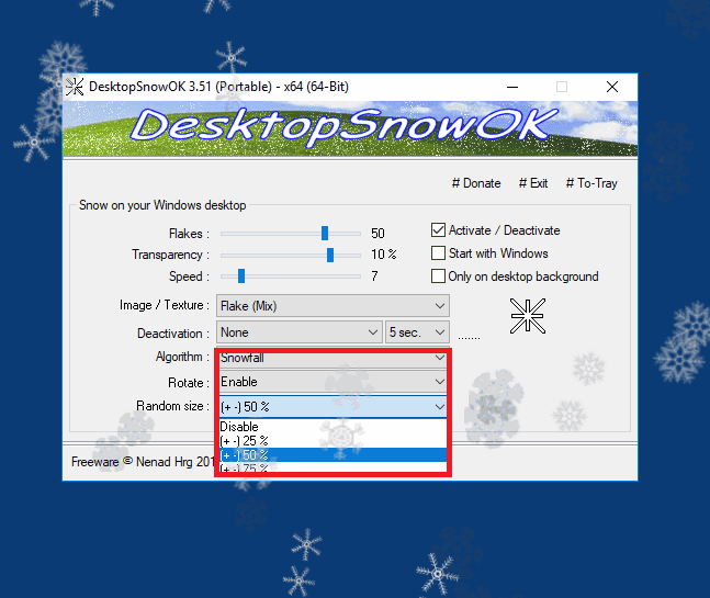 Variable size rotate and random snowflakes on the Desktop!