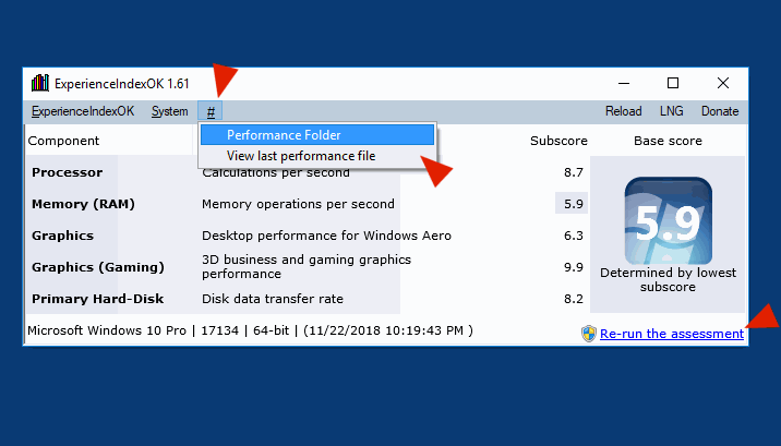 Open the Experience Index files folder or start recalculation of the performance index!