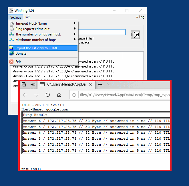 Easy export the Network Ping Results to HTM to compare Result at a later time!