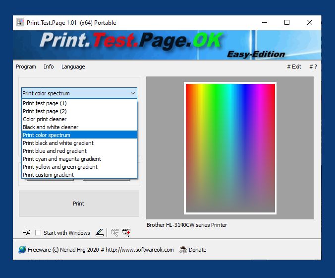 Alternative test page printout for Windows OS
